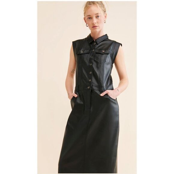 New Free People Danni Vegan Leather Midi Dress Size S - Picture 2 of 9